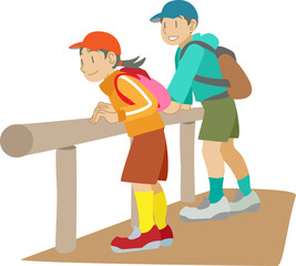 展望台から景色を見る子供達のイラスト