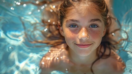 Girl swimming in sunny summer swimming pool