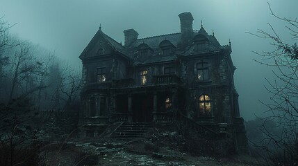Creepy old mansion with ghosts in the windows