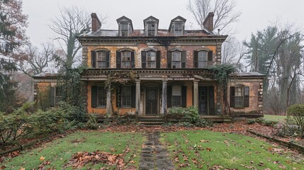 Obraz premium Creepy old mansion with ghosts in the windows