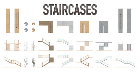 Architectural Plan, Front and Side Elevation Views of Staircases In Different Shapes