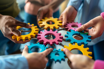 group of multiethnic business people connecting colorful gears with their hands