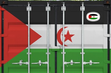 Western Sahara flag depicted on metal doors of shipping cargo container outdoors in docks area...