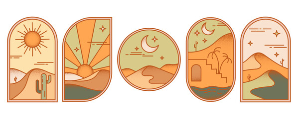 Desert boho logo with sun and mountains. Vector abstract bohemian illustration with moon cactus and minimal landscape. Arch and windows shapes set. Design elements for poster and decoration
