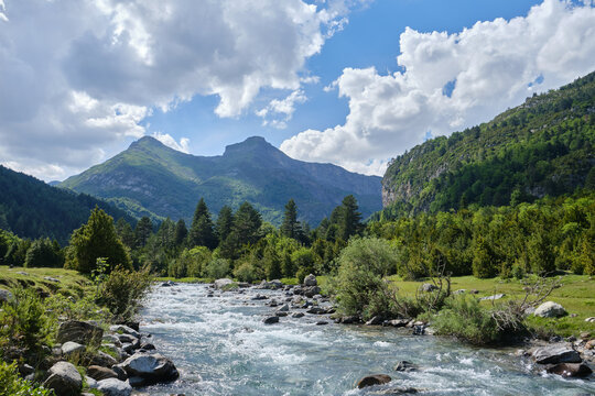 Bujaruelo valley with the Ara river as it passes through the Aragonese Pyrenees, Ordesa and Monte Perdido National Park, Pyrenees, Huesca, Spain.