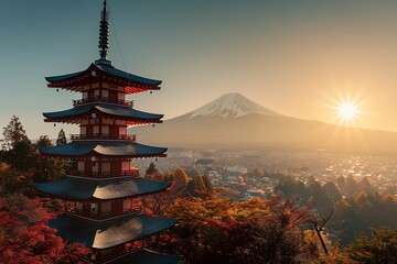 Obraz premium Chureito Pagoda and Mount Fuji in the background, bright sunny day with clear sky, golden hour lighting, cityscape of peaceful autumn season at foot of mountain, high resolution photography 