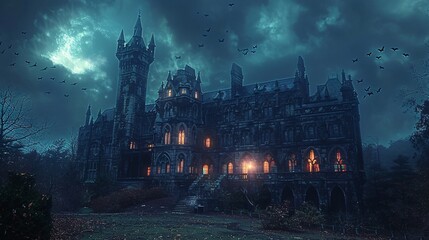 Haunted castle with ghostly apparitions and bats