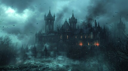 Haunted castle with ghostly apparitions and bats