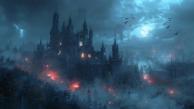 Haunted castle with ghostly figures and bats