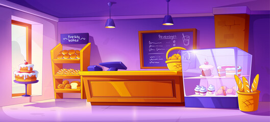 Bakery shop interior with counter and cake vector. Cafeteria inside with bread and pastry display on shelves. Retail business with cute sweet production assortment on showcase and menu board scene