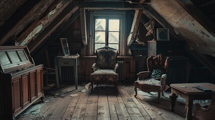 Haunted attic with old, dusty furniture
