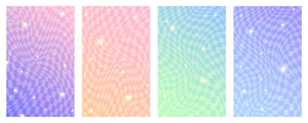 Checkered gradient background with stars. Set of pastel holographic kawaii backdrops. Abstract vector purple squared wallpapers for design. © Chorna_L