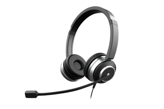 Black and Silver Headphones With Microphone Ready for a Call on a Clear PNG or White Background.