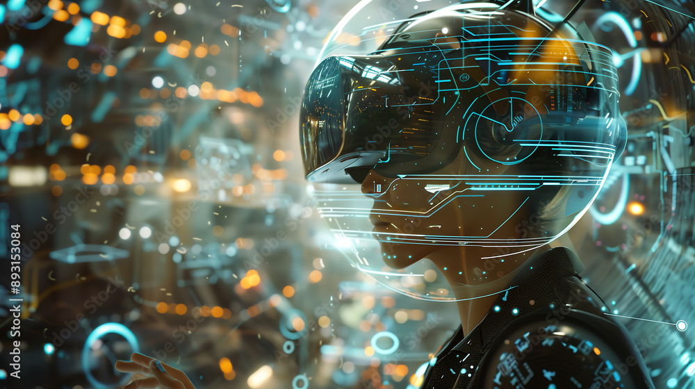 Aufkleber person wearing a futuristic vr helmet immersed in a virtual reality environment with holographic int