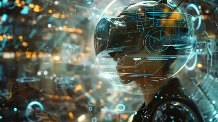 person wearing a futuristic VR helmet immersed in a virtual reality environment with holographic interface elements and glowing data visuals surrounding them