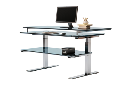 Modern Glass Standing Desk With Adjustable Height for a Productive Workspace on a Clear PNG or White Background.