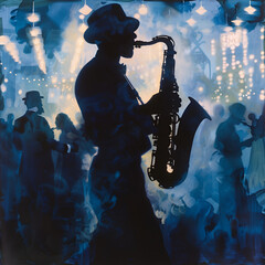 Obraz premium Jazz saxophonist performing with elegance, silhouettes in black, white and blue tones