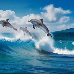 Obraz premium Playful dolphins jumping over breaking waves. Hawaii Pacific Ocean wildlife scenery. Marine animals in natural habitat.