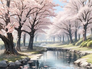 桜の木がある風景　並木道　水彩イラスト