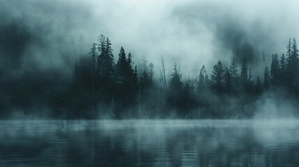 Eerie mist over a dark forest lake
