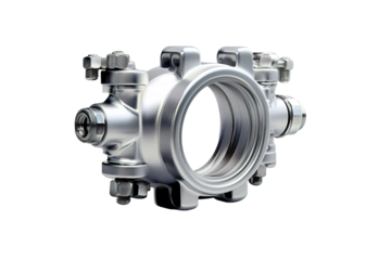 A Gleaming Metal Valve With Multiple Connections Against a White Background on a Clear PNG or White Background.
