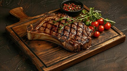 Juicy meat steak with artistic grill marks on a wooden board