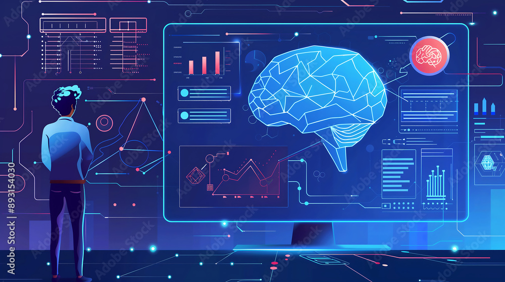 Poster digital marketing professional analyzing data on an ai interface, with the brain symbolizing artific