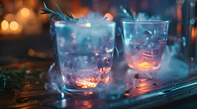 Ice cubes create a splash in a glass of sparkling water in a cocktail glass with a skull shadow hallowin concept