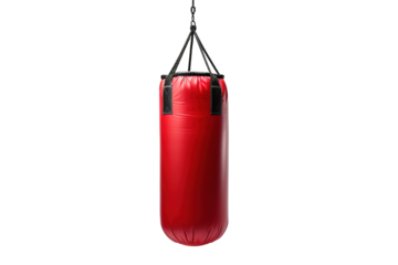 A Red Punching Bag Suspended Against a White Background on a Clear PNG or White Background.