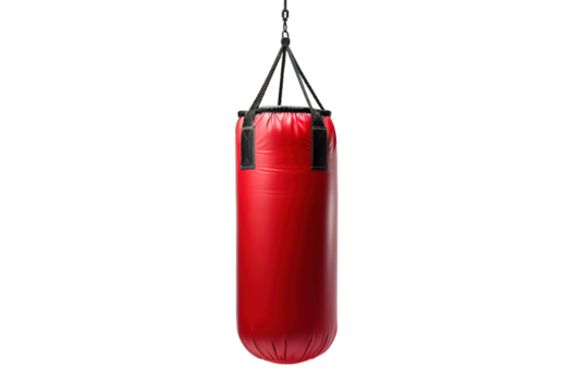 A Red Punching Bag Suspended Against a White Background on a Clear PNG or White Background.