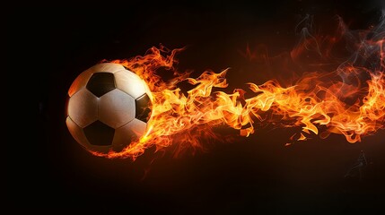 Fototapeta premium Soccer ball with bright flame trail on the black background.