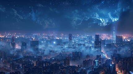 Fototapeta premium A City Skyline Lit up at Night With Stars in the Sky and Clouds in the Distance - Generative AI
