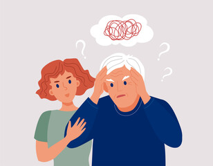 Old man suffer from dementia loss memory. Senior male struggle with Alzheimer disease. Young woman supports him. Flat vector illustration.