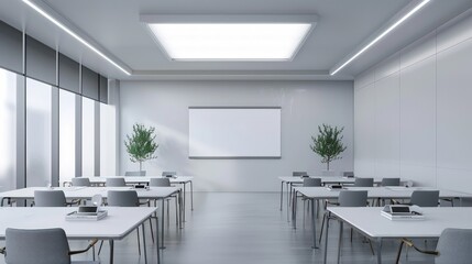 Fototapeta premium A spacious presentation room with minimalist desks, chairs, and a clean whiteboard