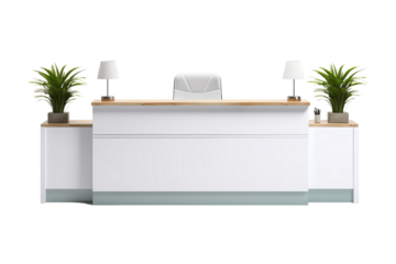 Modern White Reception Desk With Wooden Accents and Greenery on a Clear PNG or White Background.