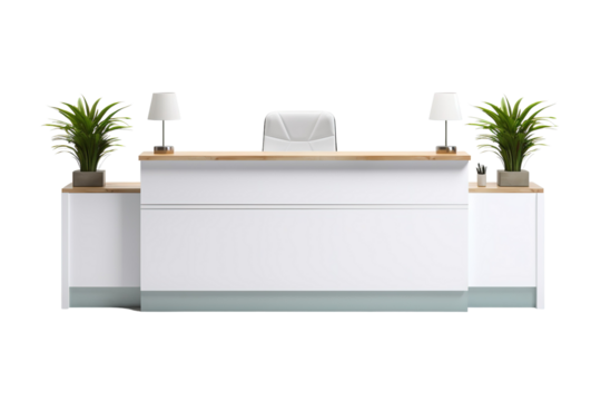 Modern White Reception Desk With Wooden Accents and Greenery on a Clear PNG or White Background.