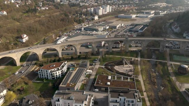 Beautiful arches and pillars of Nagold viaduct in pan drone shot. Viaduct architecture in swabian town of Nagold.