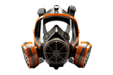 A Close Up View of a Full Face Respirator Mask With Orange Trim, Isolated on a White Background on a Clear PNG or White Background.