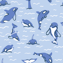 Dolphins seamless pattern. Suitable for printing on fabric, paper. Marine vector background.