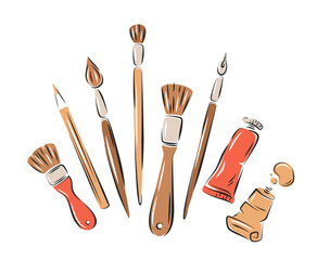 Paint brushes for drawing and oil paint in tubes. Artist painting materials. Art supplies. Creative hobby tools. Vector illustration isolated on white background