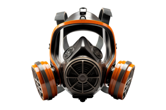 A Close Up View of a Full Face Respirator Mask With Orange Trim, Isolated on a White Background on a Clear PNG or White Background.