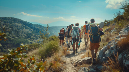 Obraz premium A cheerful group of friends hike through mountainous terrain on a sunny day