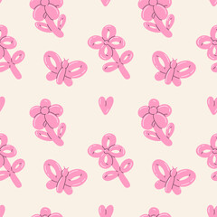 Balloon animals pattern seamless. inflatable flower and butterfly. Colorful glossy rubber toy. Birthday party festive y2k decor textile, wrapping paper, wallpaper design, print for fabric vector