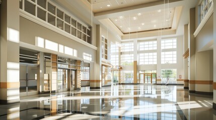 A spacious school entrance with high ceilings and clean, modern design