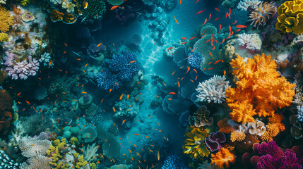 Vibrant coral reef ecosystem from above in tropical waters