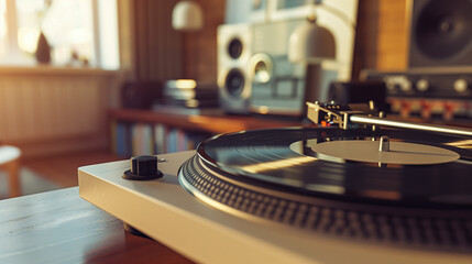 Vintage turntable in a record store setting