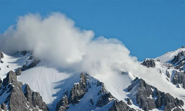 A large avalanche rolls down a snow-covered mountain peak on a bright, sunny day. Natural disaster