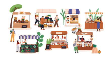 Farmers market stalls. Vendors selling natural organic domestic produce. Buyers at counters, vegetable and butcher shop. Local outdoor fair. Flat vector illustration isolated on white background