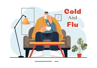 Vector Illustration of Sick People with Flu and Cold Wearing Thick Clothes, Hand Drawn in a Flat Cartoon Style for Healthcare Purposes on a Background