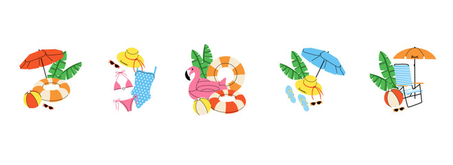 Summer beach set. Umbrella, sun lounger, inflatable ring and ball. Swimsuit hat and glasses. Fins and diving mask. Summertime holiday journey. Sea vacation, vector cartoon flat isolated illustration